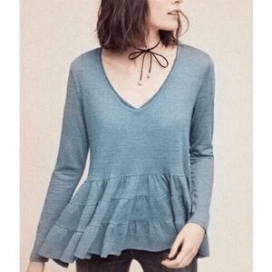 Anthropologie Deletta Thea Ruffled Tiered Peplum Top Teal Blue Oversized Small